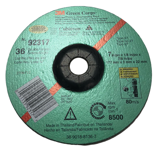 3M Green Corps 7" x 1/8" x 7/8" Depressed Center Cutting Grinding Wheel 92317