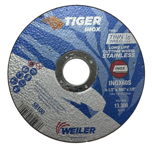 Weiler 4-1/2" x .045" x 7/8" Tiger INOX Type 1 Thin Cut-Off Wheel