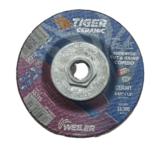 Weiler 4-1/2" x 1/8" x 5/8-11 Cut & Grind Combo Wheel T27 TIGER Ceramic 10 Pack