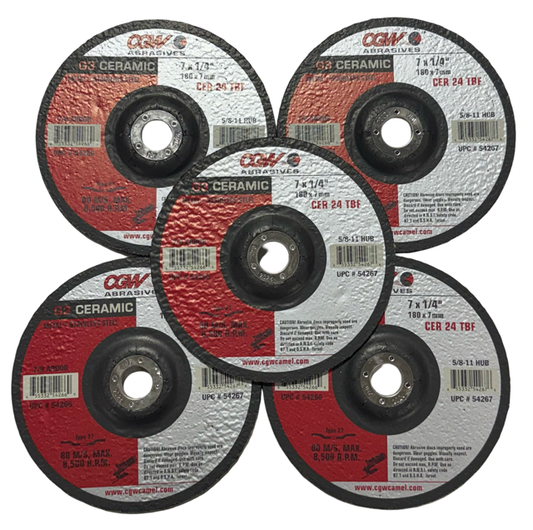 CGW 7" x 1/4" x 7/8" Grinding Wheel Metal/Stainless Steel 24 Grit Ceramic 5 Pack