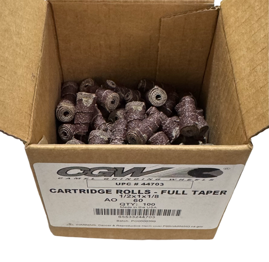 CGW 1/2" x 1" x 1/8" Abrasive Catridge Rolls Full Taper 60 Grit A/O 100 Pack USA
