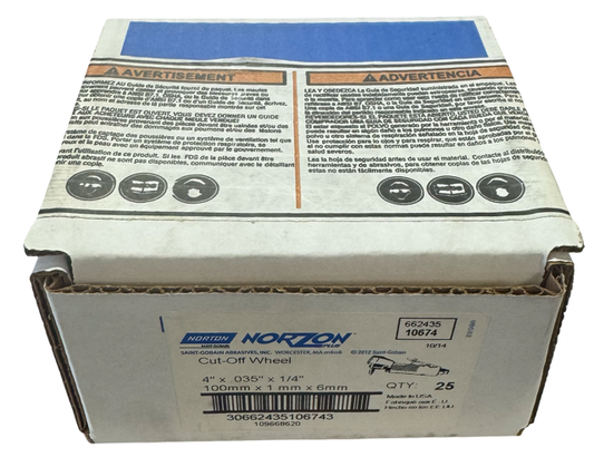 Norton 4" x .035" x 1/4" NorZon Cut-Off Wheel T1 Straight A/O 25 Pack USA
