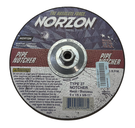 Norton NORZON 9" x 1/8" x 5/8-11 Grinding & Cut Wheel T27 Metal/Stainless USA