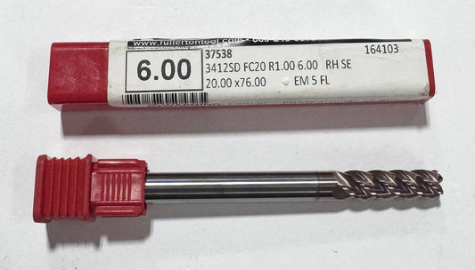Fullerton 6mm Carbide End Mill 5 Flute FC20 Coated 1mm Radius