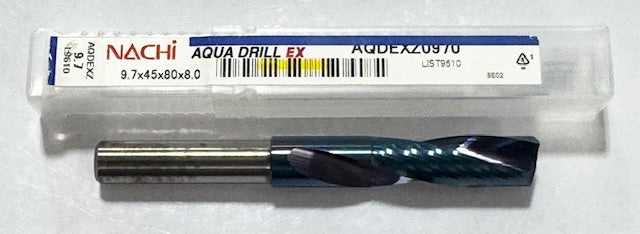 Nachi 9.7mm Solid Carbide Drill 2xD Aqua EX Coated 180 Deg Point