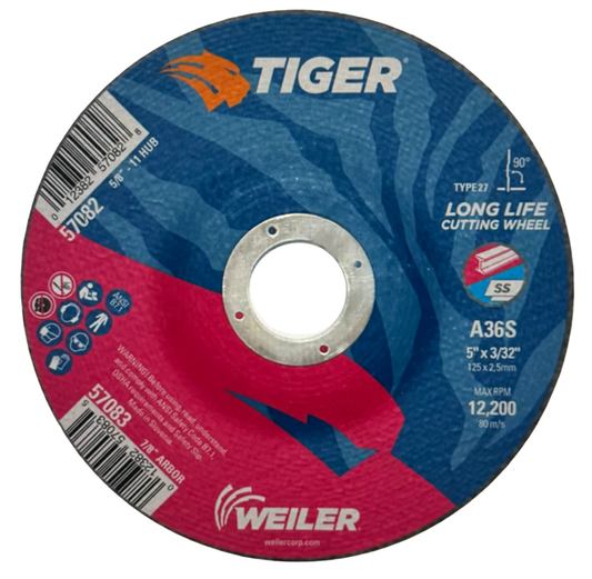 Weiler TIGER 5" x 3/32" x 7/8" Cut-Off Wheel T27 60 Grit Aluminum Oxide 25 Pack