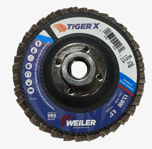 Weiler 4-1/2" x 5/8-11 Flap Disc 40 Grit Zirconia Phenolic Back 10 Pack USA