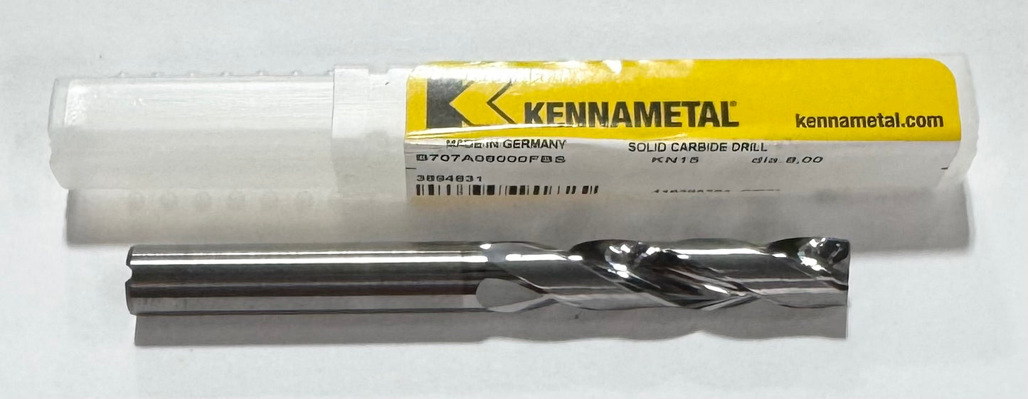 Kennametal 8mm Solid Carbide Drill 3xD Coolant Thru Flat Bottom