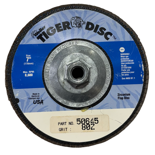 Weiler TIGER 7" x 5/8-11 Flap Disc 80 Grit Zirconium USA Made