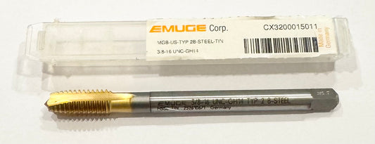 Emuge 3/8"-16 UNC HSSE Spiral Point Tap 3FL Tin Coated GH14 Type 2 B-Steel