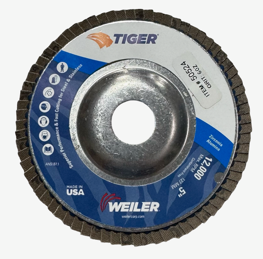 Weiler TIGER 5" x 7/8" Abrasive Flap Discs, Angled, 60 Grit Zirconia 10 Pack USA