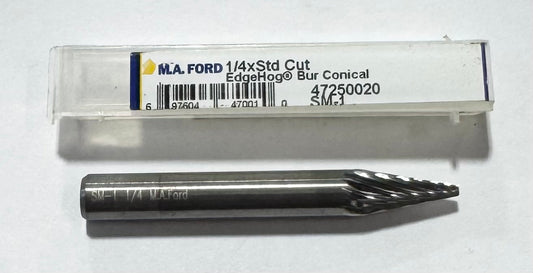 M.A. Ford 1/4" Conical Carbide Burr, Cone Shape, Single Cut, 1/4" Shank USA Made
