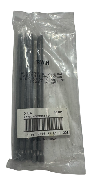 Irwin 8-10 Slotted Power Bit x 6", 1/4" Quick Change Shank 5 Pack