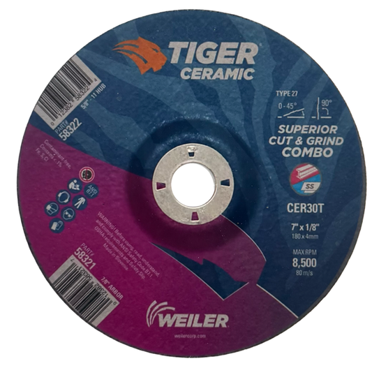 Weiler 7" x 1/8" x 7/8" Cut & Grind Combo Wheel TIGER 30 Grit Ceramic 20 Pack