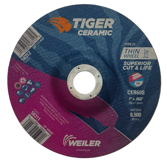 Weiler 7" x .060" x 7/8" Cut-Off Wheel T27 TIGER Ceramic 25 Pack