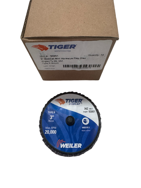 Weiler TIGER 3" BobCat Roloc Mini Abrasive Flap Discs 36 Grit Zircoina 10 Pack