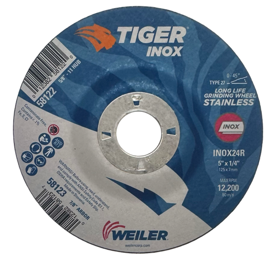 Weiler TIGER 5" x 1/4" x 7/8" Grinding Wheel T27 INOX 24 Grit 10 Pack