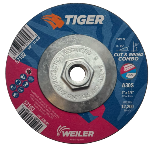 Weiler 5" x 1/8" x 5/8-11 Cut & Grind Combo Wheel T27 A30/S Tiger 10 Pack