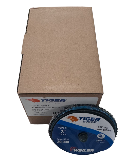 Weiler TIGER 3" BobCat Roloc Mini Flap Discs 80 Grit Zirconia 10 Pack
