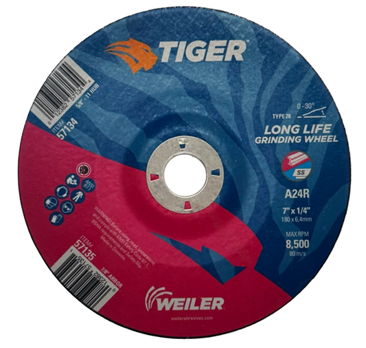 Weiler TIGER 7" x 1/4" x 7/8" Grinding Wheel A24R Steel Stainless 5 Pack