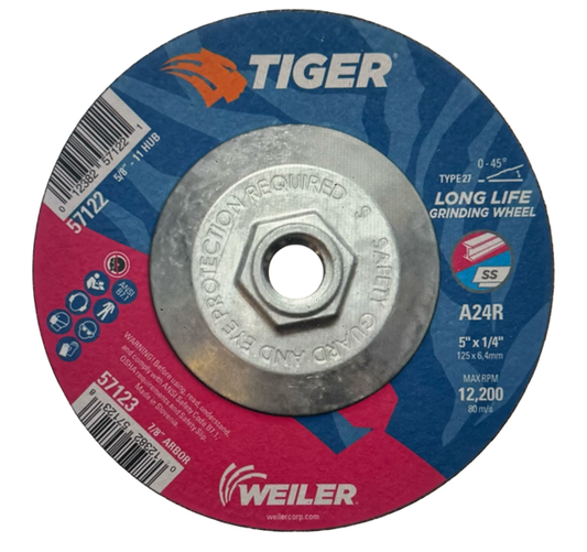 Weiler TIGER 5" x 1/4" x 5/8-11 Grinding Wheel T27 A24R A/O 10 Pack