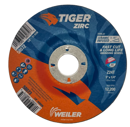 Weiler TIGER ZIRC 5" x 1/4" x 7/8" Grinding Wheel T27 Ceramic Infused 10 Pack