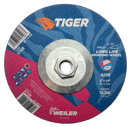 Weiler TIGER 6" x 1/4" x 5/8-11 Grinding Wheel T27 A24R 10 Pack
