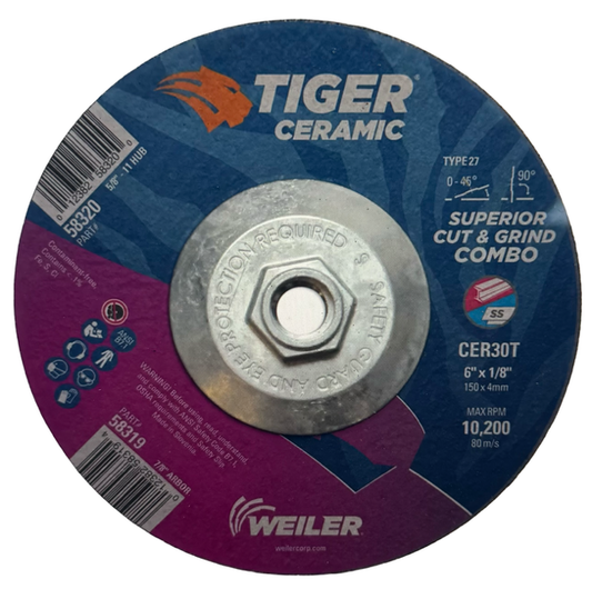Weiler Tiger 6" x 1/8" x 5/8-11 Cut & Grind Combo Wheel 30 Grit Ceramic 10 Pack
