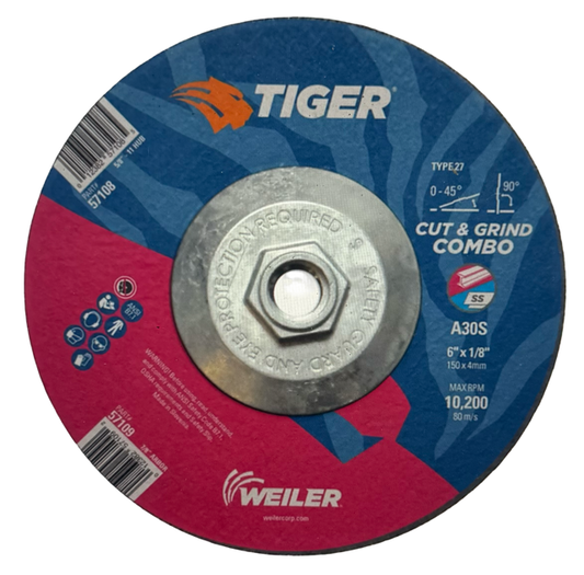 Weiler Tiger 6" x 1/8" x 5/8-11 Cut & Grind Combo Wheel T27 Aluminum Oxide 10pk