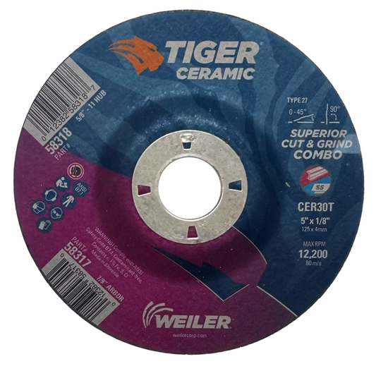 Weiler TIGER 5" x 1/8" x 7/8" Cut & Grind Combo Wheel T27 30 Grit Ceramic 20pk