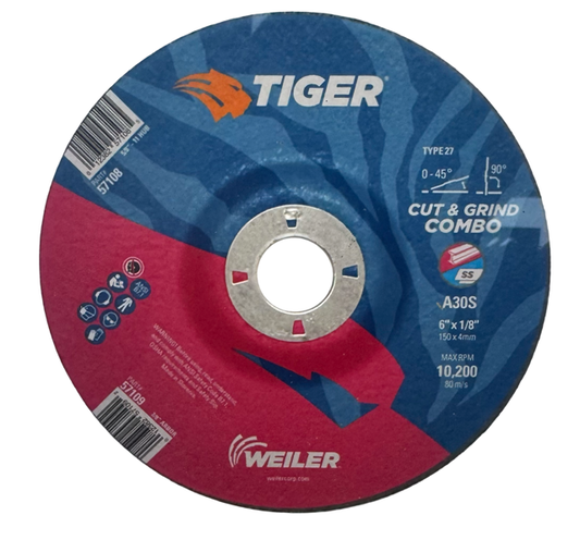 Weiler TIGER 6" x 1/8" x 7/8" Cut & Grind Combo Wheel 30 Grit A/O 25 Pack