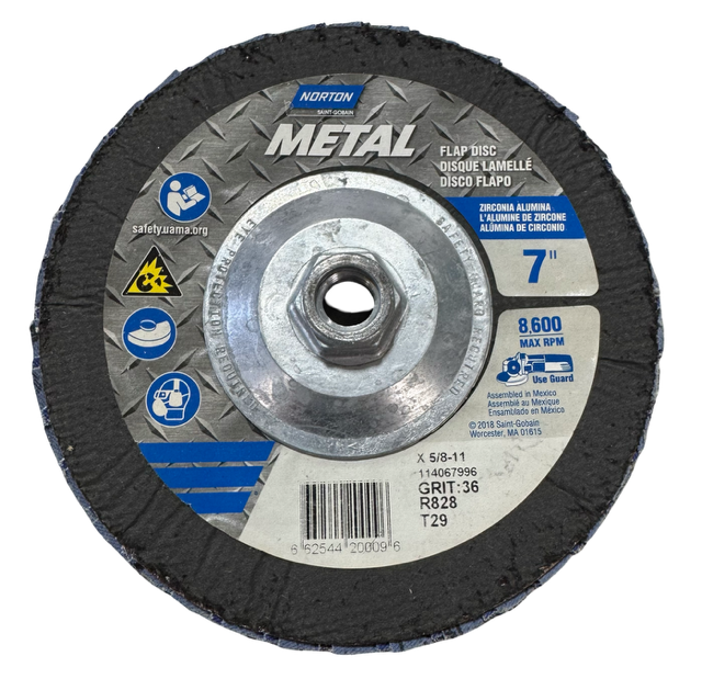 Norton 7" x 5/8-11 METAL Flap Disc, T29, 36 Grit Zirconia Alumina