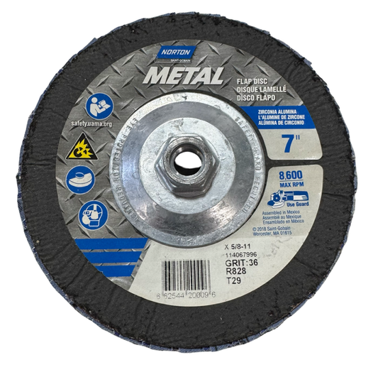Norton 7" x 5/8-11 METAL Flap Disc, T29, 36 Grit Zirconia Alumina