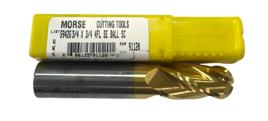 Morse 3/4" Carbide Ball End Mill 4 Flute Tin Coated USA Made