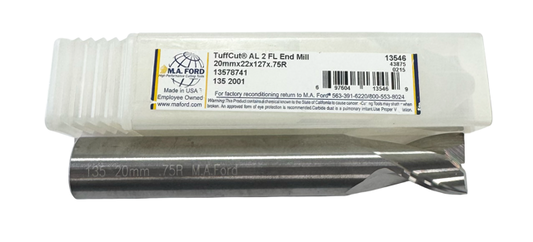 M.A. Ford 20mm TuffCut End Mill 2 Flute .75mm Radius USA Made