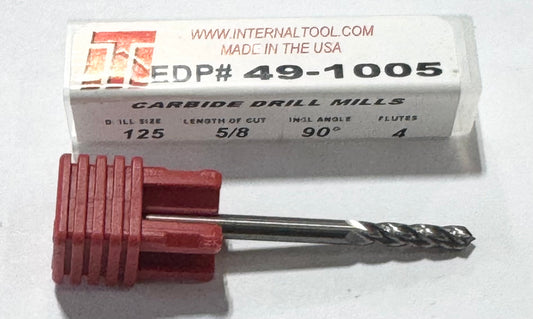 Internal Tool 1/8" Solid Carbide Drill Mill 90° 4 Flute USA Made 49-1005