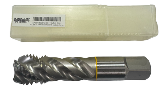 RapidKut 1-3/8"-6 HSSE-V3 Spiral Flute Tap 4 Flute Semi-Bottoming Yellow Ring GH4 Tap