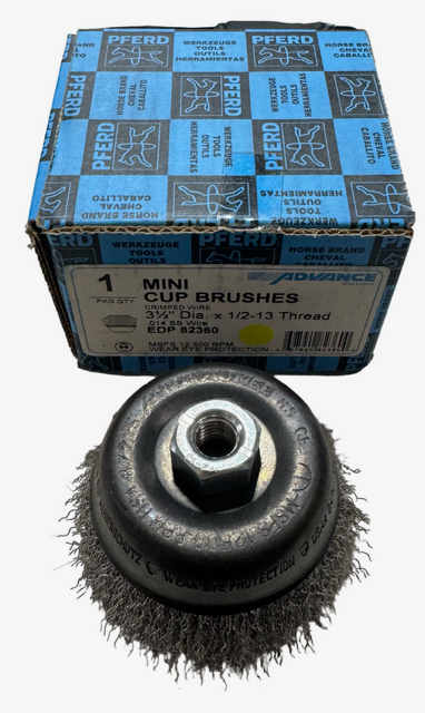 PFERD 3-1/2" Crimped Wire Cup Brush, 1/2-13 Thread, .014 SS Wire USA Made