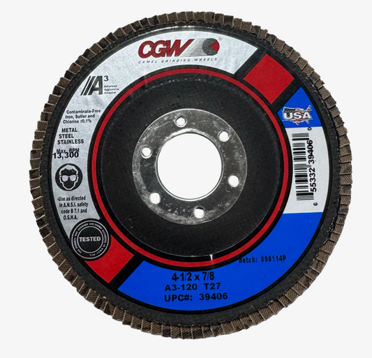 CGW 4-1/2" x 7/8" Flap Disc 120 Grit Alumium Oxide 10 Pack USA