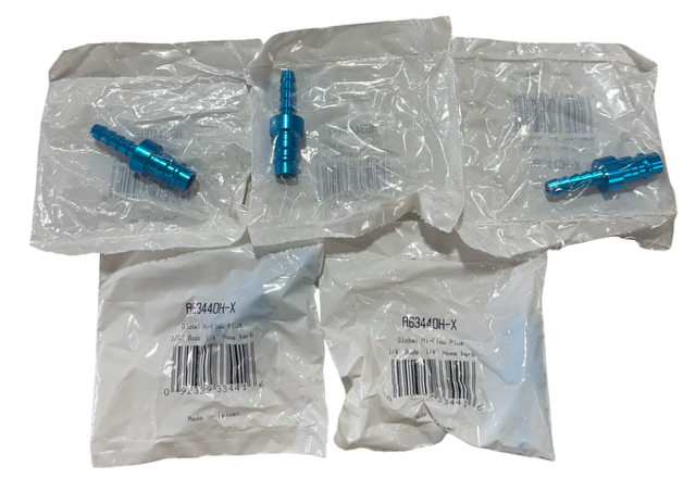 Legacy Hi-Flow Plug, 1/4" Body, 1/4" Hose Barb, Electric Blue 5 Pack