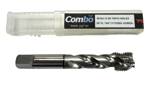 YG M16 x 1.5mm HSS-Ex Spiral Flute Tap, Modified Bottoming, 3FL, D6, Black-Ring