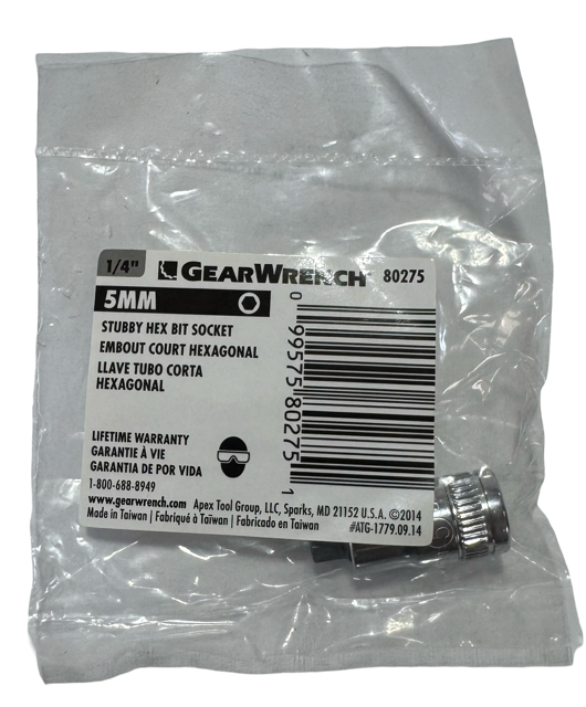 GearWrench 1/4" Drive 5mm Stubby Hex Bit Socket 80275