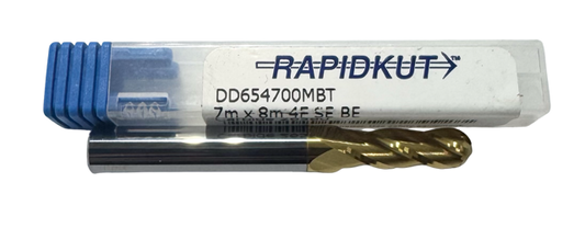 RapidKut 7mm Carbide Ball End Mill 4 Flute Tin Coated USA Made