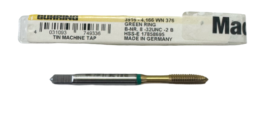 Guhring 8-32 Cobalt Spiral Point Plug Tap, UNC, 2B, Green Ring 3 Flute