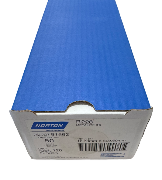 Norton 1/2" x 24" R228 Sanding Belts Metalite 120 Grit Aluminum Oxide 50 Pack