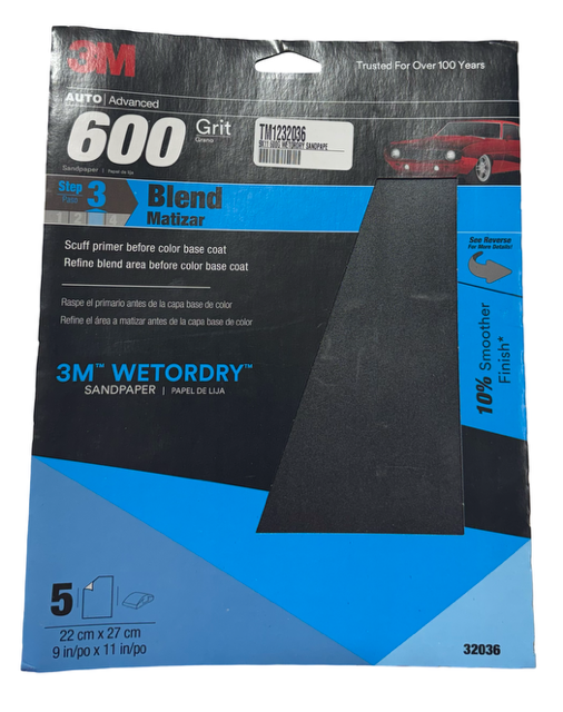 3M Auto Advanced  9" x 11" Wetordry Sandpaper 600 Grit Aluminum Oxide 5 Pack