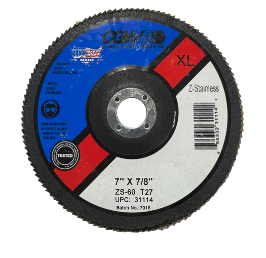 CGW 7" x 7/8" Flap Disc XL T27 60 Grit Zirconia USA Made