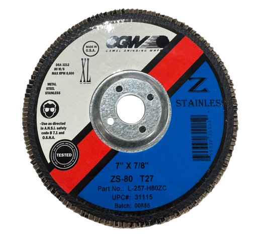 CGW 7" x 7/8" Flap Disc XL T27 80 Grit Zirconia USA Made