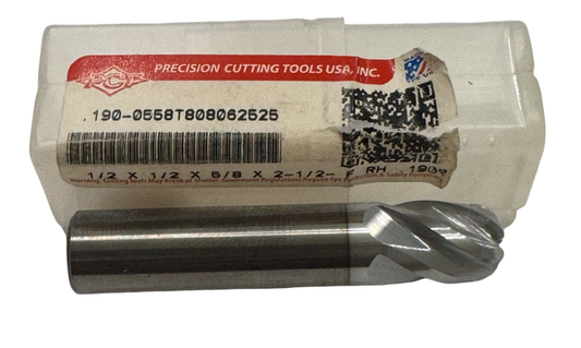 PCT 1/2" Carbide Ball End Mill 5 Flute AITiCrN Coated .190 Radius USA