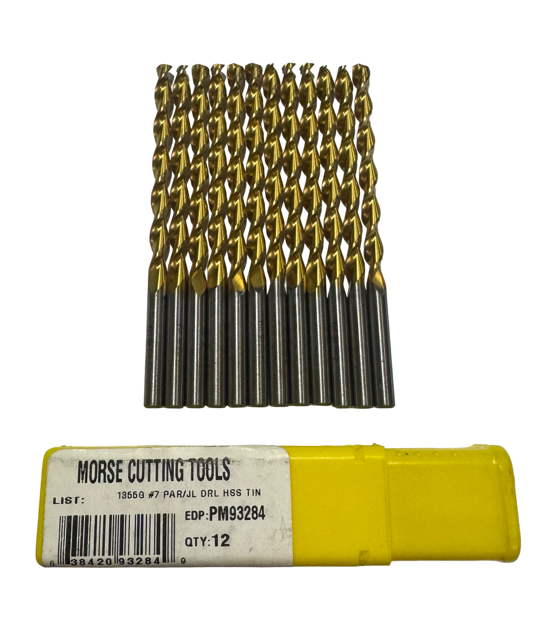 Morse #7 HSS Drill Bit Jobber Length Tin Coated Parabolic Flute 12 Pack USA Made